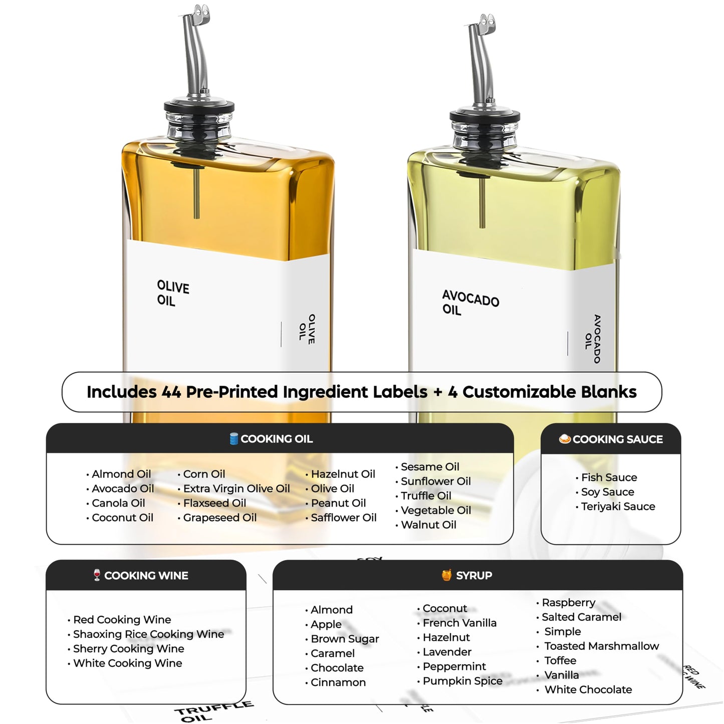 Spaceneat Olive Oil Dispenser Bottle - Includes 44 Kitchen Essential Labels - Cooking Oil Bottles for Kitchen, Coffee Syrup Dispenser - Pourer Spout with 11.8 fl oz Glass Container Cruet - 2pcs Silver