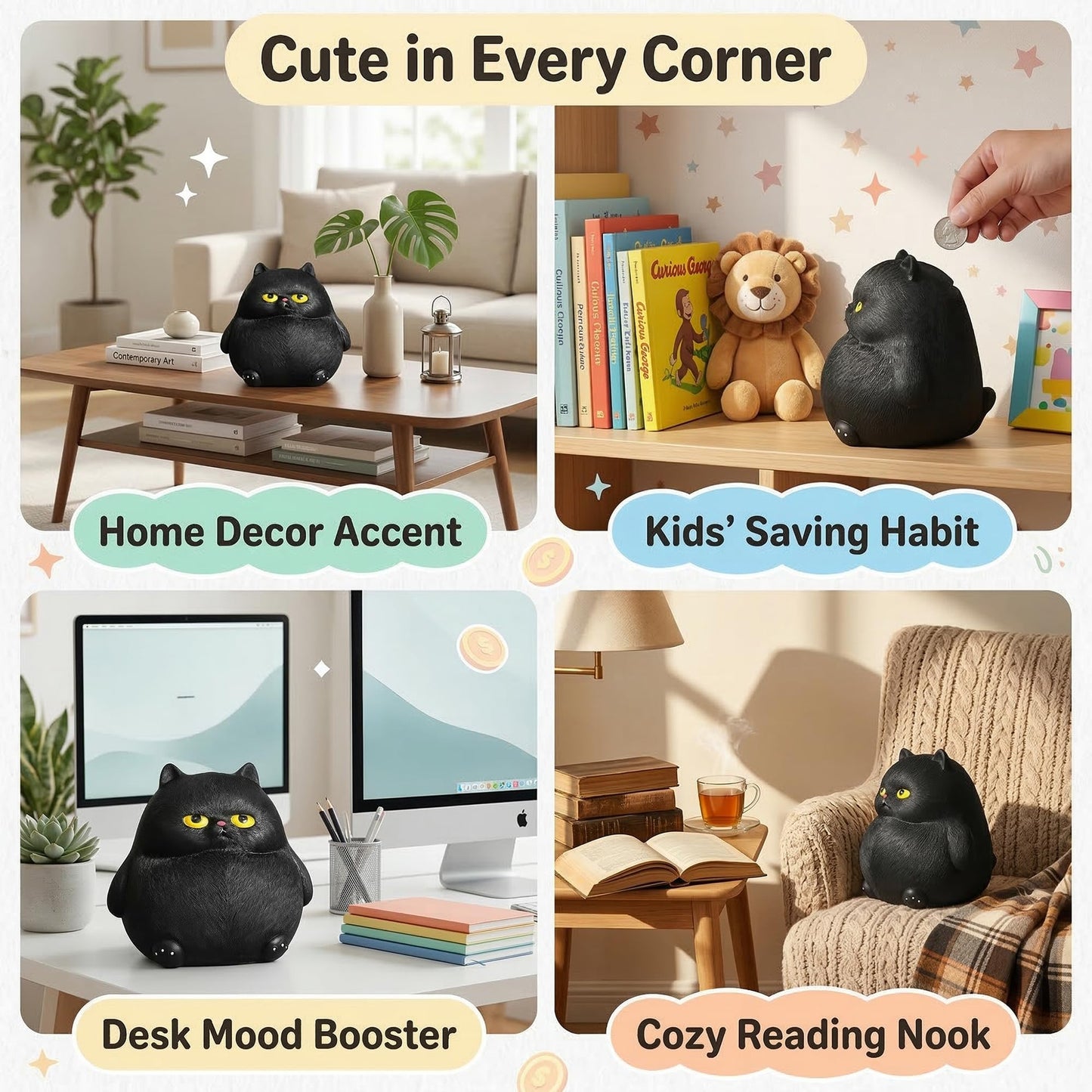 OlethRoryLe Black Cat Statue for Home Decor, Resin Animals Cat Figurines Room Decoration for Bookshelf Office Table, Comes with Piggy Bank Function，Gift for Cat Lovers, Woman Mom Retro Cats Animal