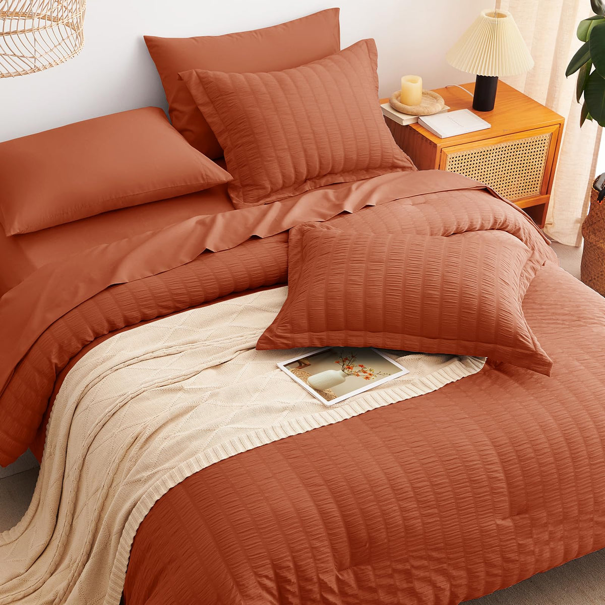 CozyLux Queen Comforter Set Burnt Orange, 7 Pieces Seersucker Textured Luxury Bed in a Bag, Terracotta All Seasons Bedding Sets with Down Alternative Comforter, Sheets, Pillowcases & Shams, Home Gift