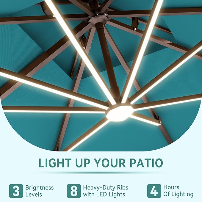10 X 13 FT Cantilever Outdoor Patio Umbrella with Led Lights Large Heavy Duty 360° Rotation Double Top Offset Rectangular Umbrellas for Backyard Garden Pool Outside Deck, Turquoise