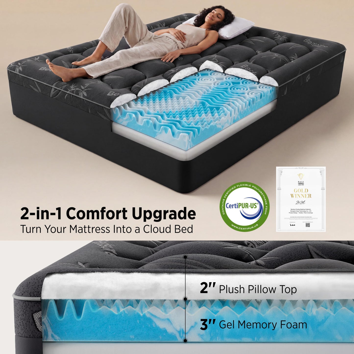 Bedsure Dual-Layer 5 Inch Memory Foam Mattress Topper King, 3 Inch Memory Foam + 2 Inch Viscose Made from Bamboo Mattress Topper Pad Cover, Breathable & Pressure Relief, Black