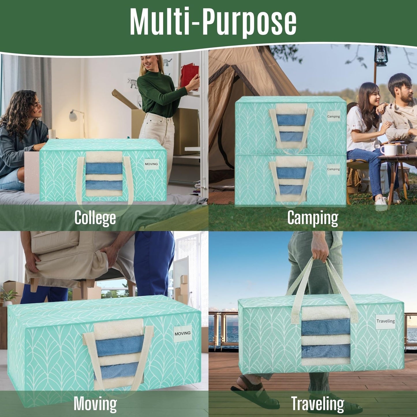 VENO 6 Pack Heavy Duty Moving Bags, Packing Bags with Clear Window, Alternative to Moving Boxes, Storage Bins for Clothes, Blankets, Comforters, College Dorm Essentials (Evergreen, 6 Pack)