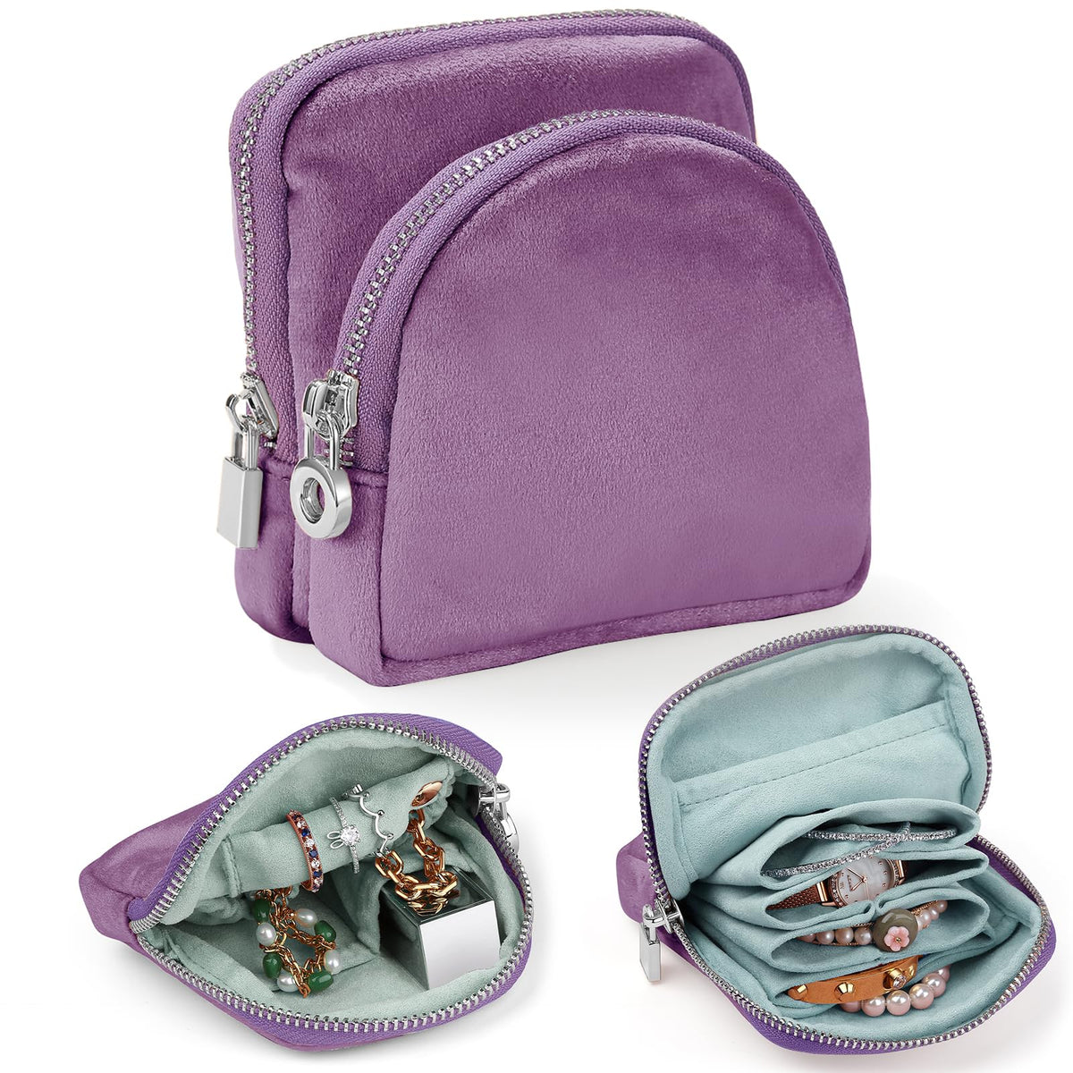 Lumayina Small Travel Jewelry Case Set 2-in-1 Detachable Velvet Pouches, Portable Jewelry Organizer Bag for Rings Earrings Bracelets, Gift Box for Women (Lavender Purple)