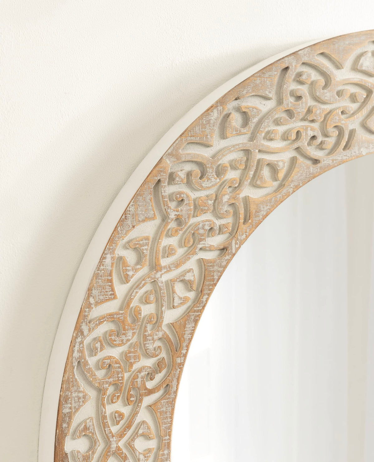 Kate and Laurel Engrahm Rustic Engraved Wooden Round Mirror, 26 Inch Diameter, Rustic Brown and White, Modern Farmhouse Distressed Circle Mirror for Use as Bathroom Mirror for Over Sink