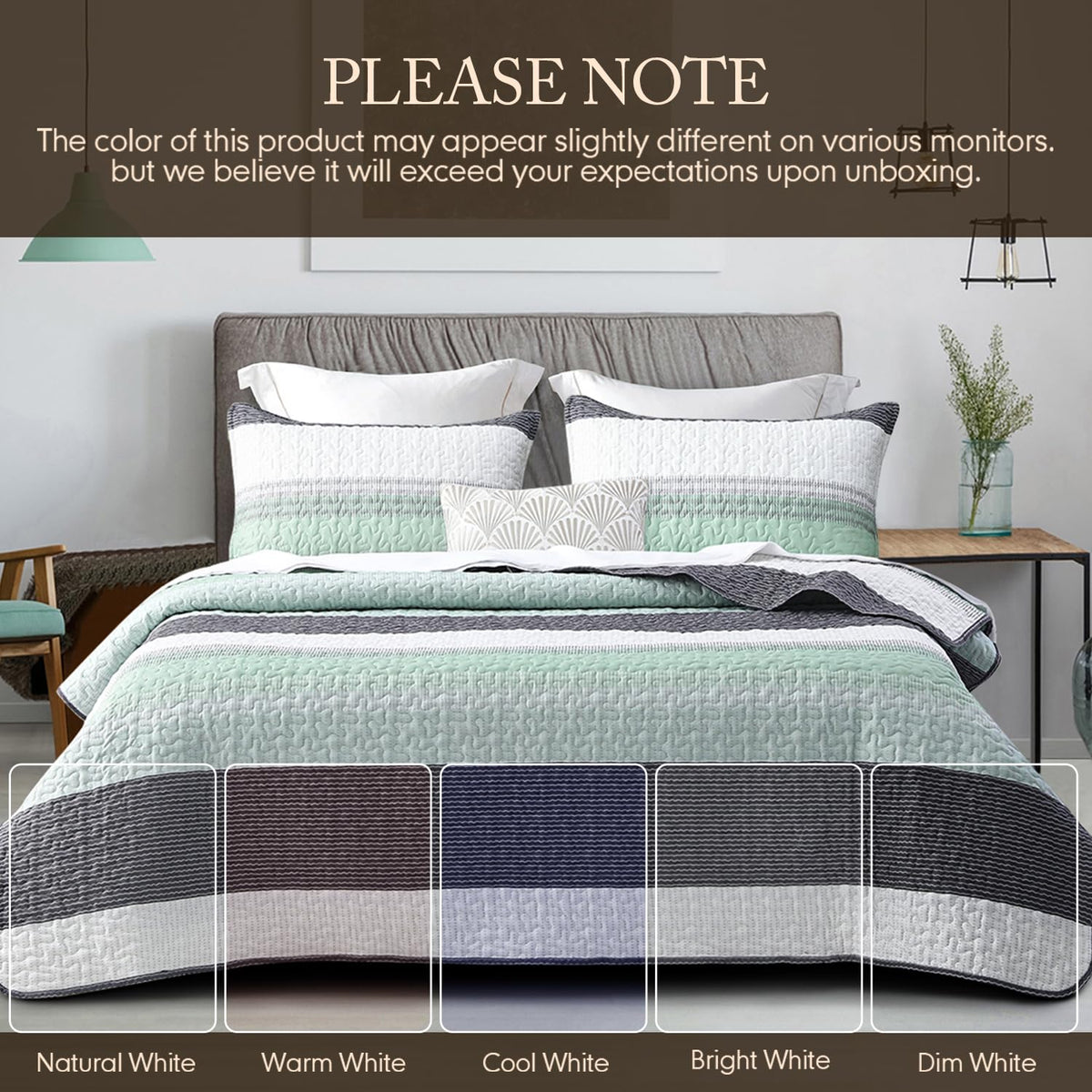 DURLENGEN Quilt Set King Size 3Pcs,Soft Microfiber Lightweight Bedspread,White & Green Striped Geometric Pattern Coverlet for All Season Layering(King 106x96,Mint Green)