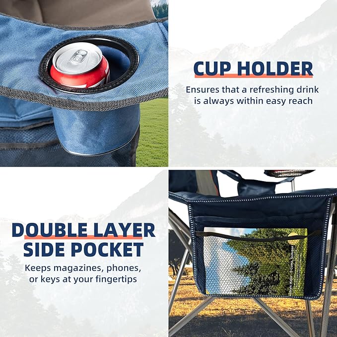2 Pack Folding Camping Chairs for Adults - High Back Padded Outdoor Lawn Chairs with Lumbar Support & Cup Holder, 400lbs Heavy Duty Portable Camping Chairs Set (Blue & Brown, 2 PCS)