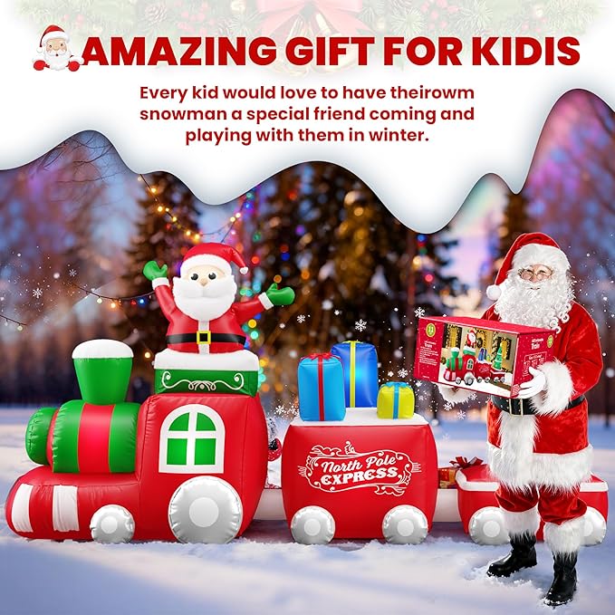 11 FT Deluxe Christmas Inflatables Train with Santa Claus, Gift Box, Christmas Tress, Built-in LED Lights, Blow Up Lovely Train Carriage for Christmas Party Holiday, Outdoor Garden Lawn Yard Decor