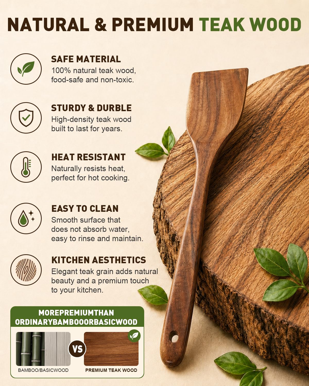 Noarsen 7 PCS Natural Solid Teak Wooden Kitchen Utensil Set with Holder