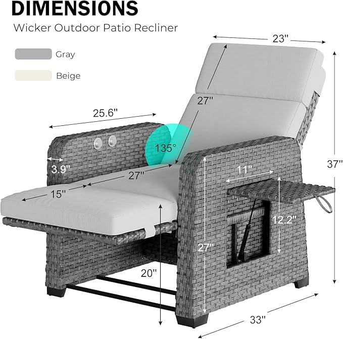 Restland Outdoor Recliner with Independent Adjustable Back & Footrest Wicker Patio Reclining Chair with Flip Table Comfortable Lounge Chair & Thick Cushion for Deck, Porch (Grey)