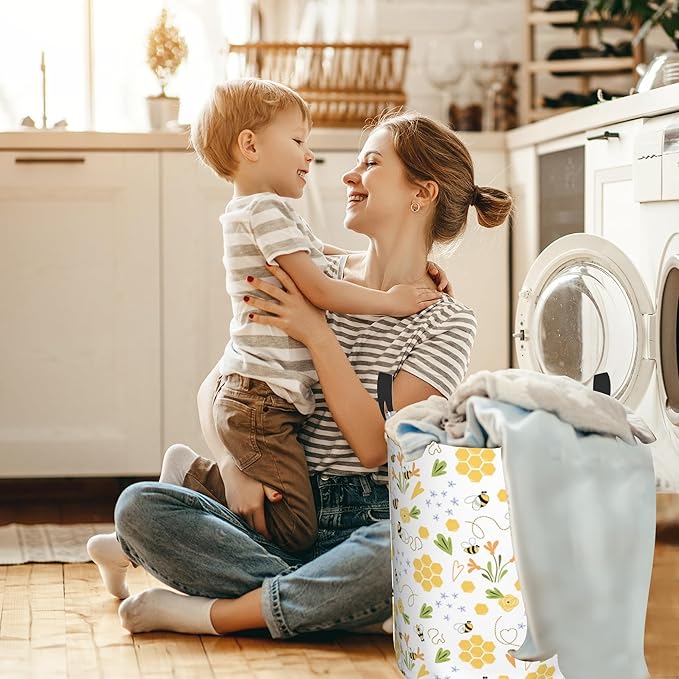 Bee Honey Flower Laundry Basket, Waterproof Foldable Laundry Hamper, Dirty