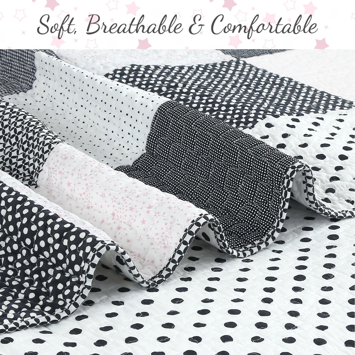 Cozy Line Home Fashions Black White Pink Polka Dots Striped Star Girl 100% Cotton Reversible Quilt Bedding Set, All-Season Coverlet Bedspread (Black Pink, Twin - 2 Piece)
