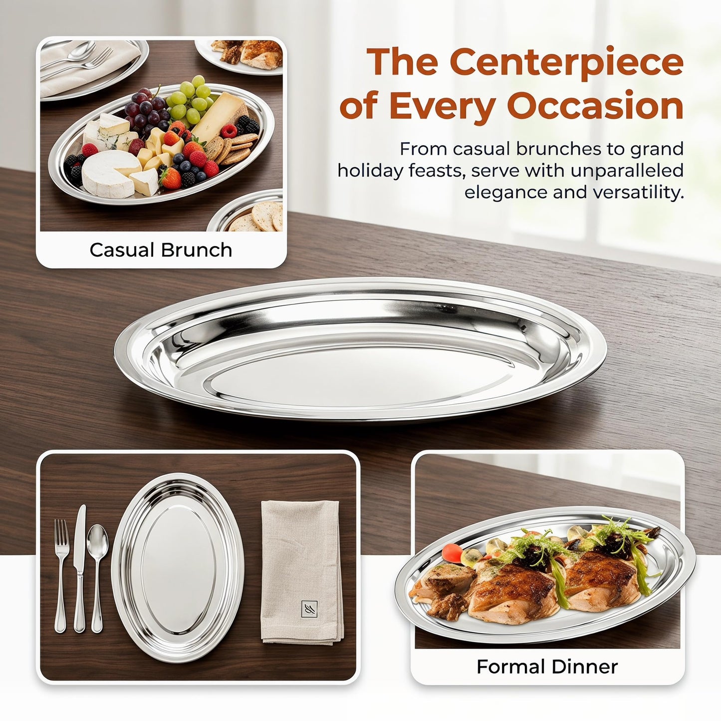 Suwimut 6 Pack Stainless Steel Oval Platter, Heavy Duty Mirror Polish Large Sizzling Platter Serving Tray Fish Plate for Steaming Fish Dessert Meat Sushi, 14-Inch by 8.7-Inch, Silver