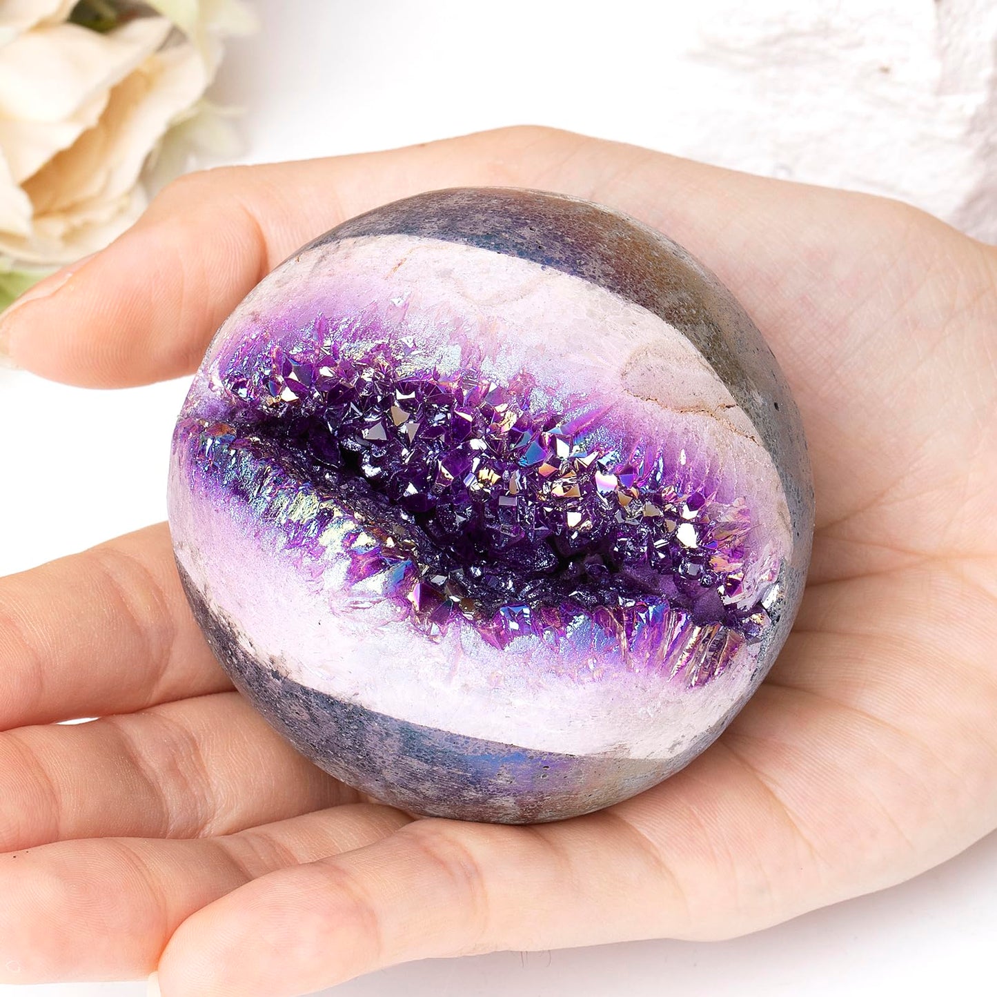 dssmboom Purple Titanium Coated Geode Stone Sphere with Wooden Stand for Home Decor, Rock Quartz Crystal Ball for Fengshui, Divination, Meditation, 61mm-70mm