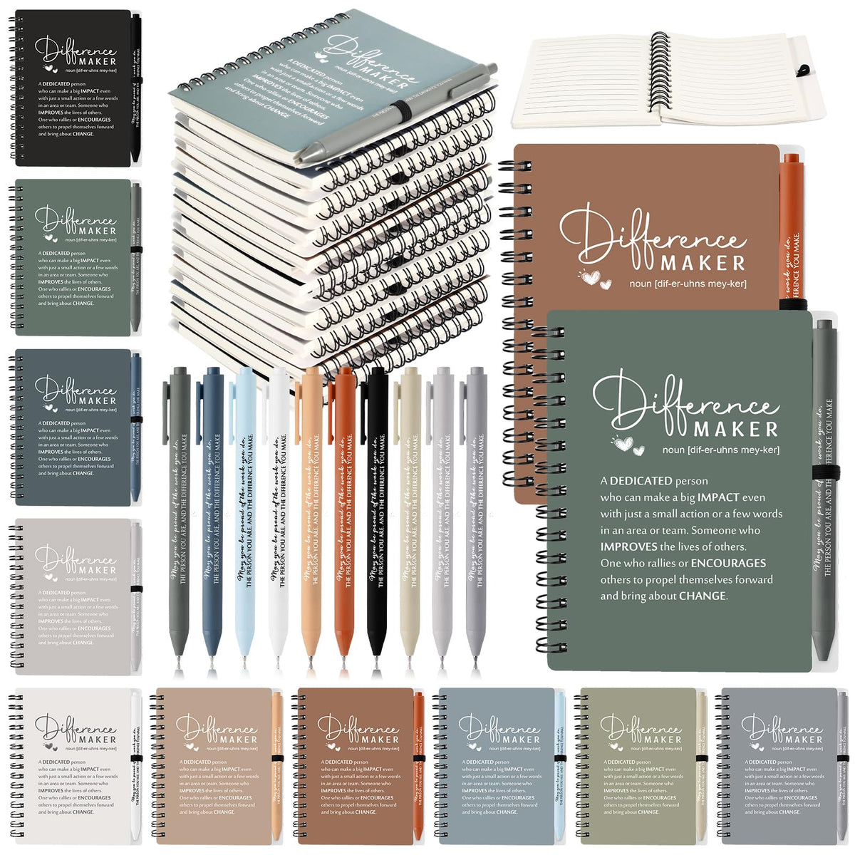 Resurhang 20 Sets Difference Maker Employee Appreciation Gifts Bulk Inspirational A6 Spiral Notebooks Journal with Ballpoint Pens for Social Worker Volunteer Coworker Staff Team Gifts (Neutral Colors)