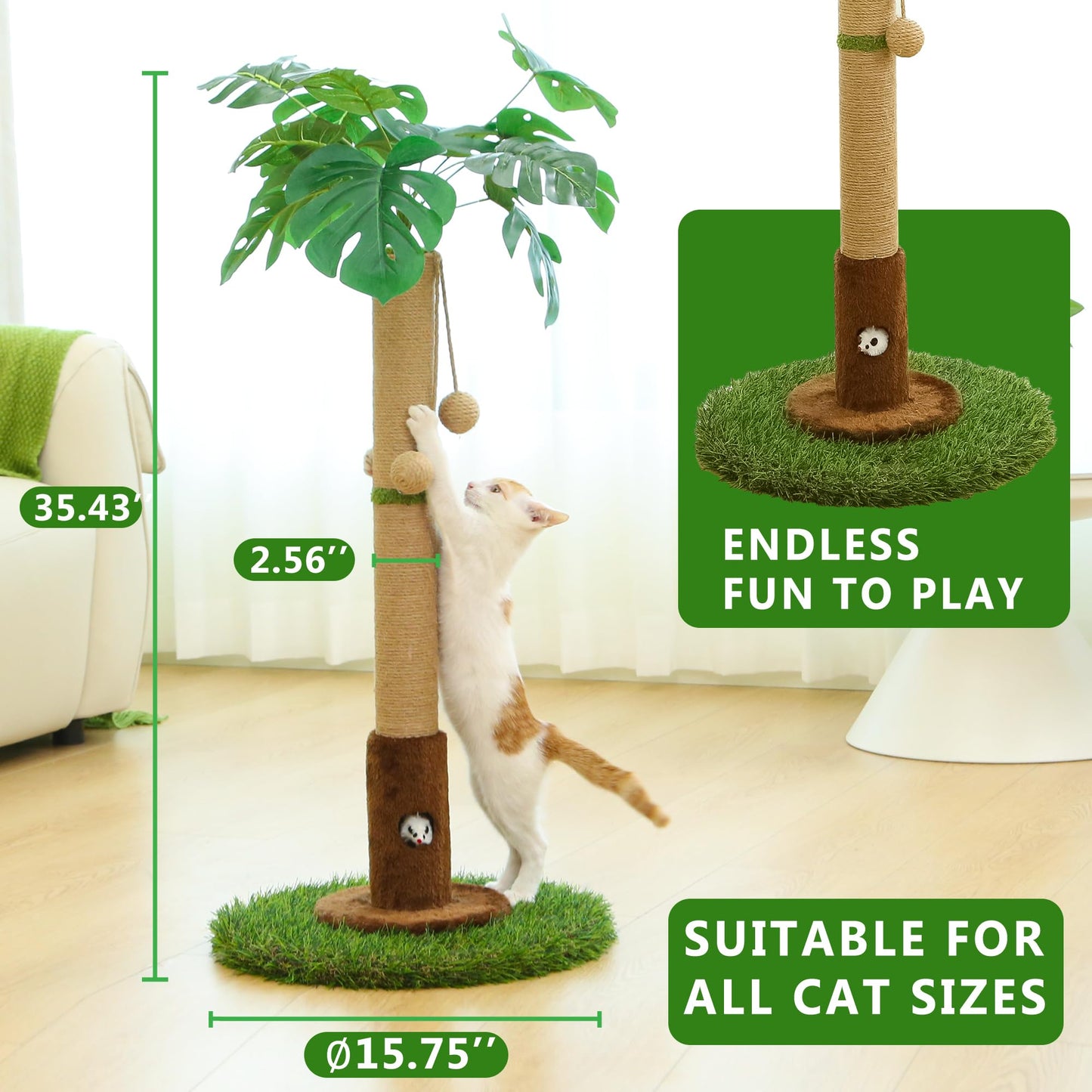 Woochpet Cat Scratching Post for Indoor Cats and Kitten - 35.43" Tall Cat Scratching Post with Sisal Rope,Palm Tree Cat Scratch Post with Hanging Ball