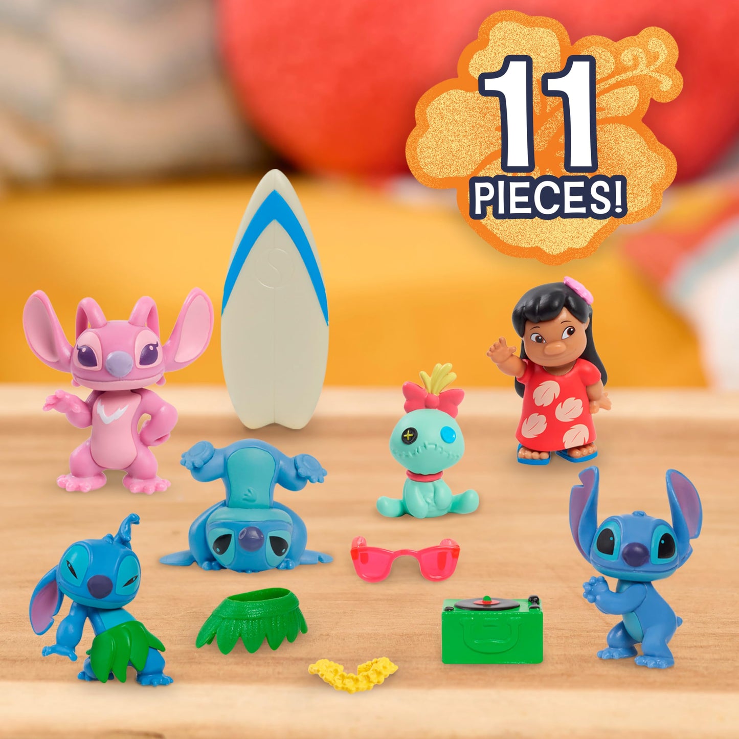 Just Play Disney Stitch Collectible Figure Set with Accessories, 11-Pieces, 5 cm Figurines, Includes Stitch, Lilo, Angel, & Scrump, Collectible Toys, Home Decoration, Kids Ages 3