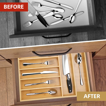 Bamboo Kitchen Drawer Organizer, 9 Inch Silverware Utensil Holder for Samll Drawer, Narrow Silverware Organizer for Cutlery Knives