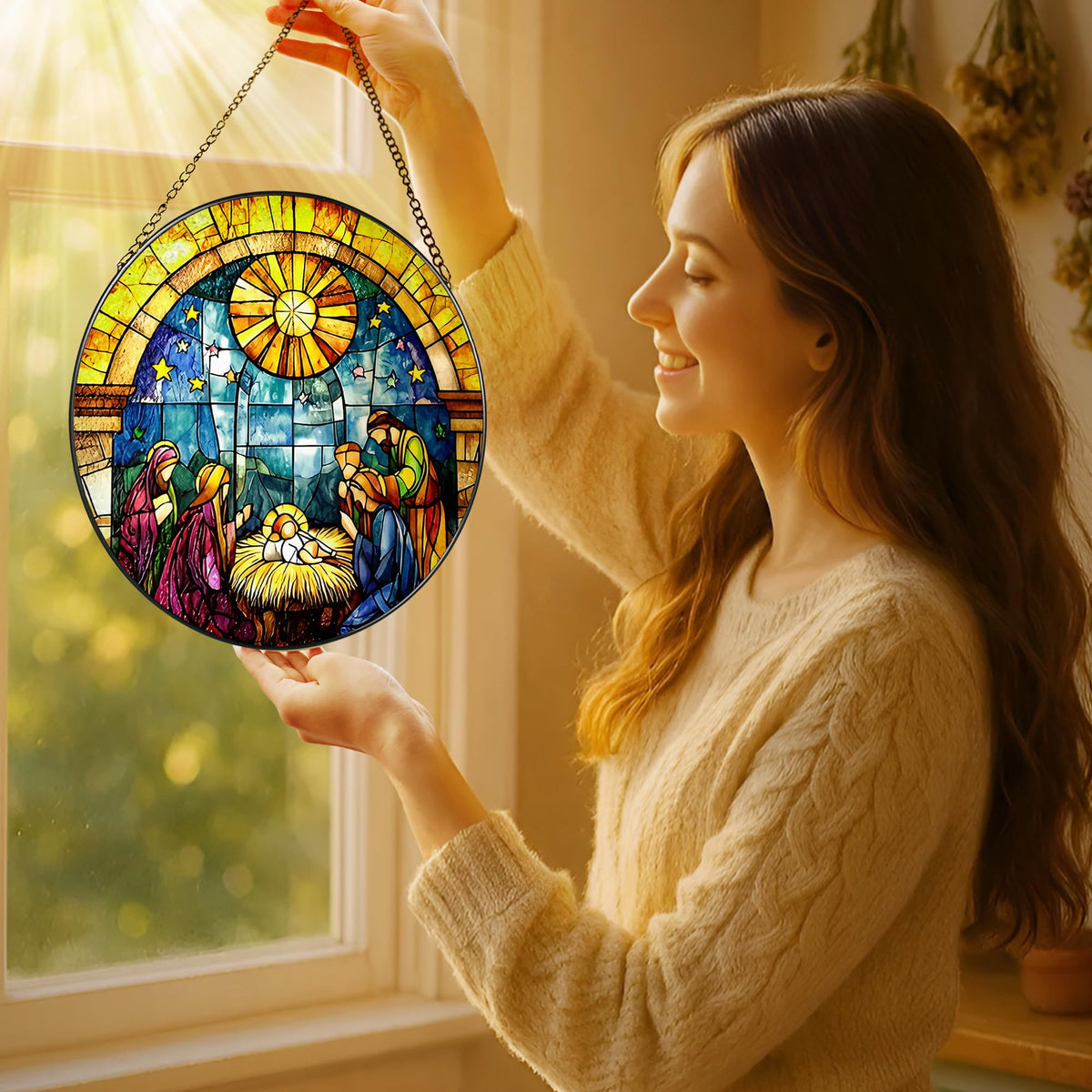 LAOWEIKI 8'' Stained Glass Window Hanging, Nativity Scene Ornament, Christian Christmas Ornament, Holy Family Decoration, Religious Decor, Gift for Christmas, Religious Gifts, Christian Gifts