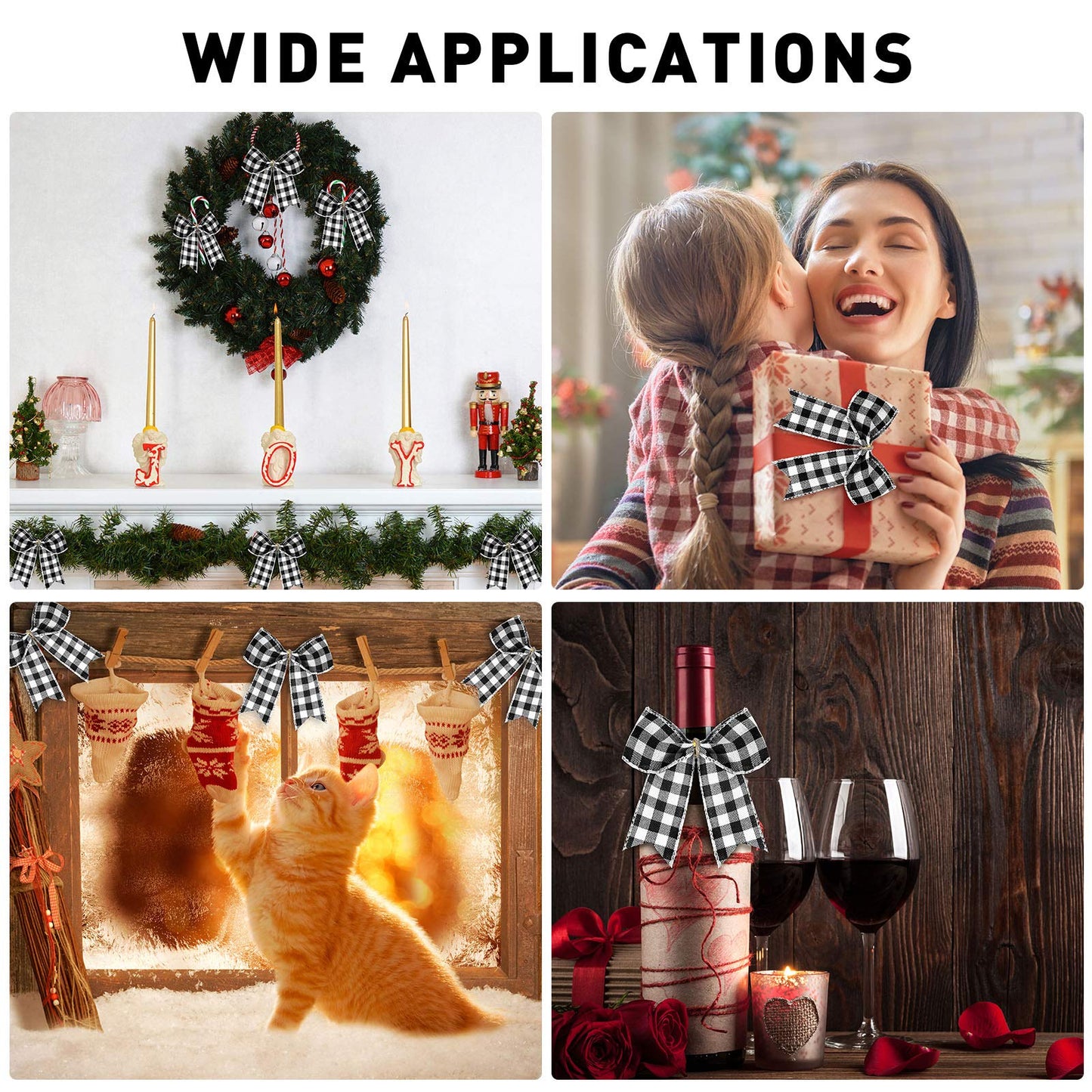 WILLBOND 12 Pieces Buffalo Plaid Bows Burlap Decorative Velvet Bows for Wreaths for Gift Wrap Christmas Party Decoration(Black and White,6 x 6 Inch)
