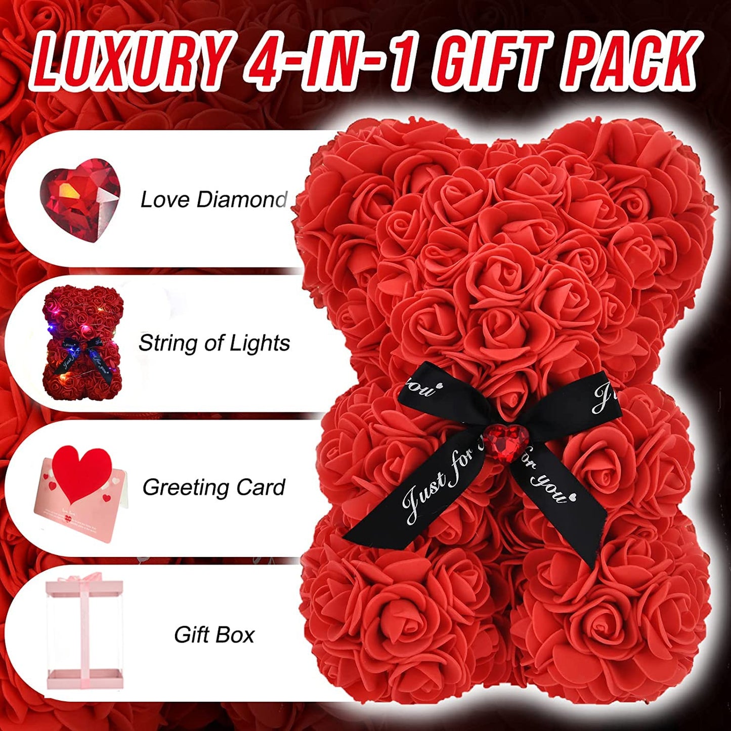 Lgv Flower Rose Bear,Romantic Gift for Valentine's Mother's Day, Christmas, Birthday,Girl Friend Her Mom Female Wife with Artificial Heart-Shaped Diamonds Red