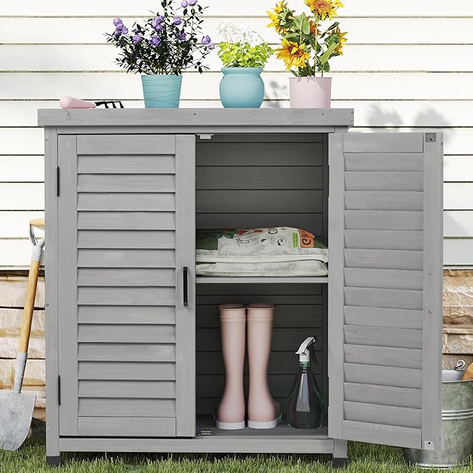 Outdoor Storage Cabinet & Potting Bench Table with Metal Top, Wooden Patio Furniture, Garden Workstation (Accent Grey, 36x31x17in)