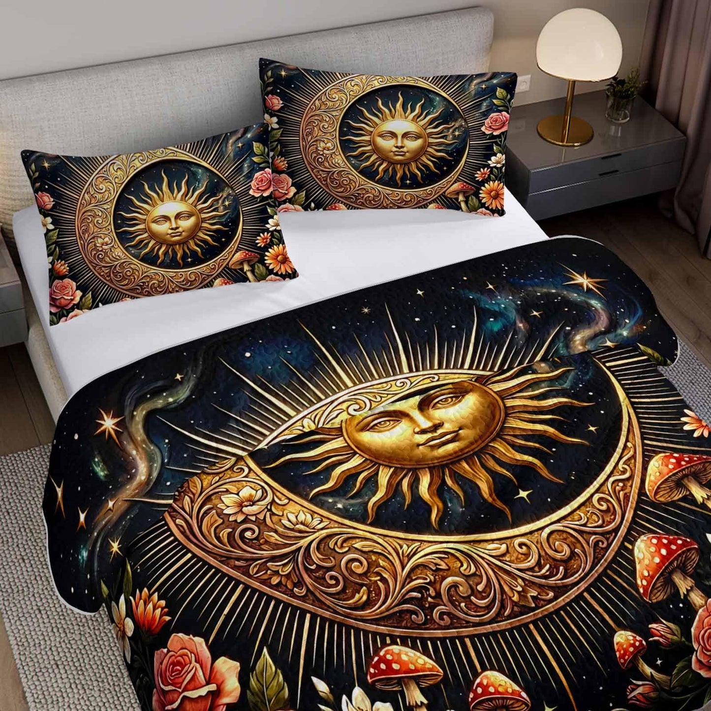 UEVBF Golden Sun and Moon Quilts Set Queen Size,3Pcs Fantasy Flowers and Mushrooms Bedspread for Kids Adults Girls Women Room Decor,Exotic Bohemian Style Bedding Sets with 2 Pillowcases.