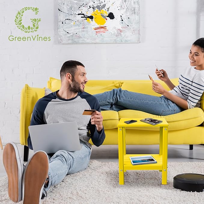 GREENVINES Outdoor Rocking Chair Set | 3-Piece | 2 Rocking Chairs with 1 Side Table | Porch Rocker | HDPE Plastic | Yellow | Patio Furniture Sets | High Back | Big & Tall | Ladder Back