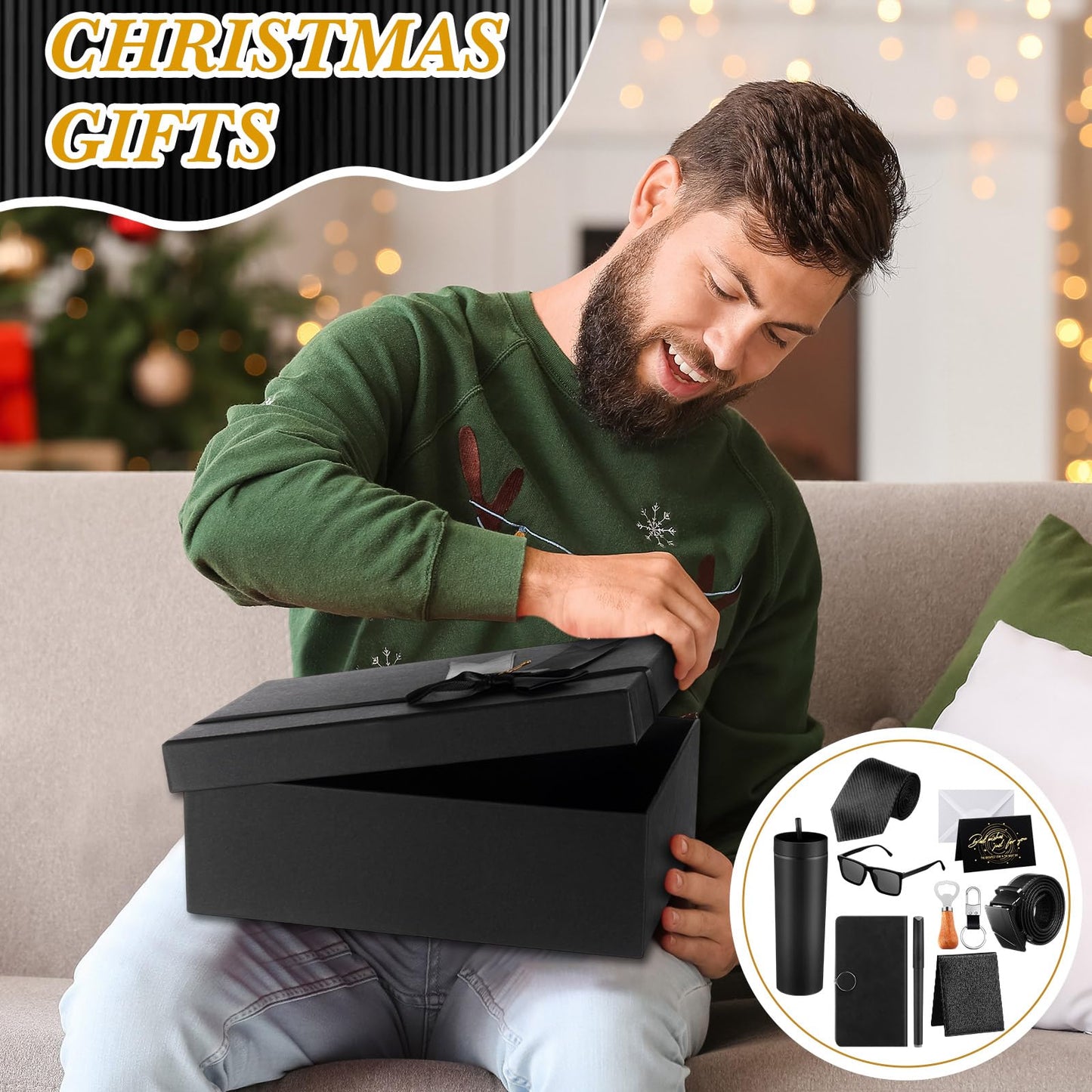 Tioncy 12 Pcs Birthday Gifts Set for Men Gift Box Baskets 16 oz Tumbler Wood Bottle Opener PU Leather Wallet Tie Belt Keychain Sunglasses Pen Journal for Dad Boyfriend Husband Brother