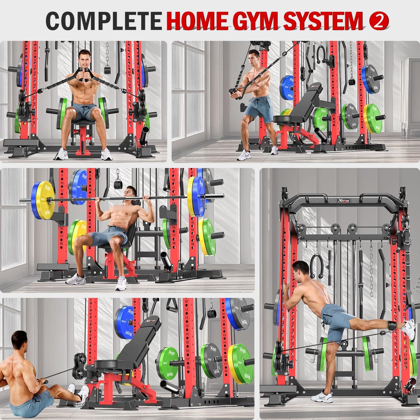 Power Rack Power Cage Multi-Function Squat Rack with Cable Crossover System Selectable More Training Attachment Power Rack for Garage & Home Gym (Red, E Set L02+Weight Bench+（Pole+Cast Iron） 336LBS)