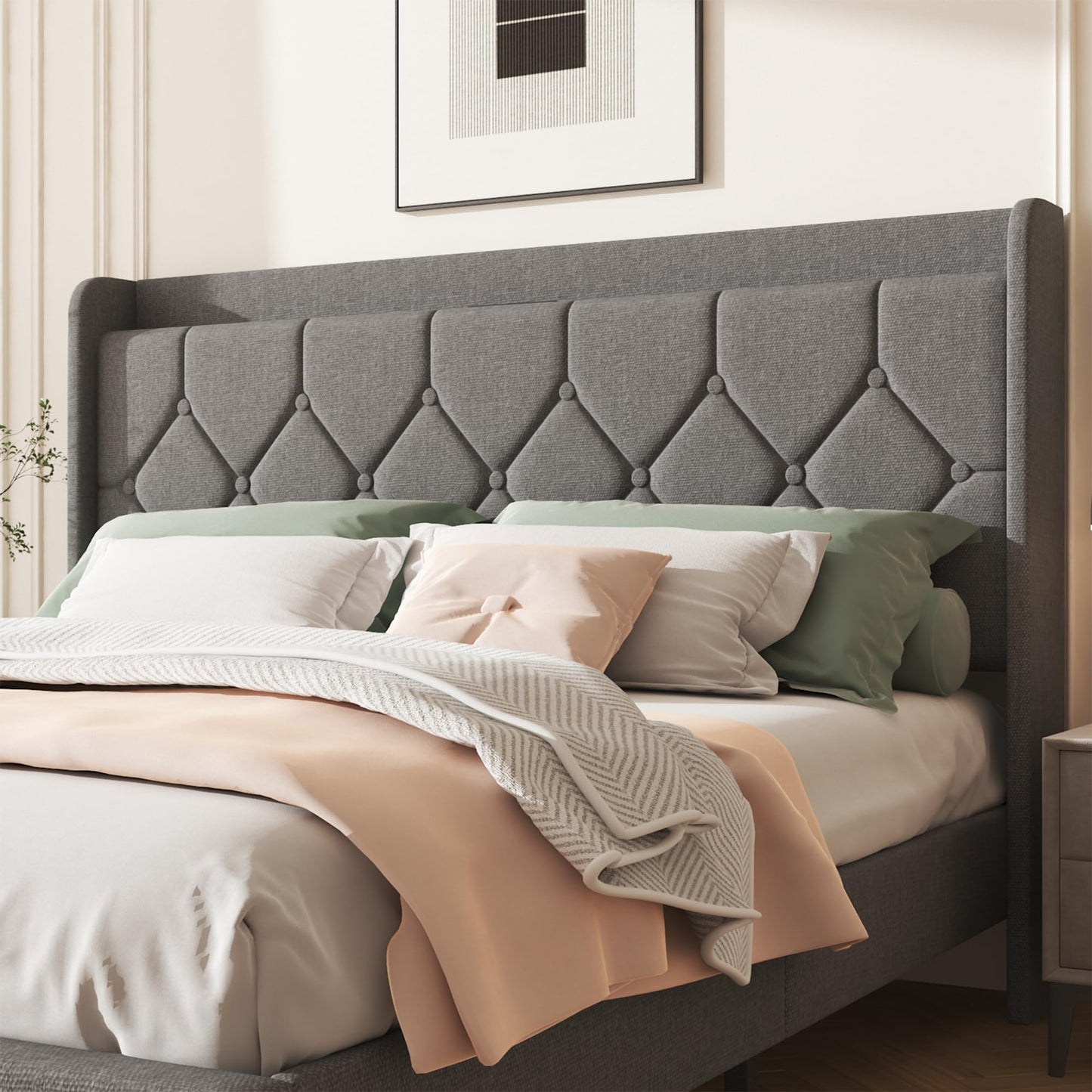Lcwtvgxr Queen Size Bed Frame with Diamond Tufted Linen Headboard & Storage Shelf, Upholstered Platform Bed with Wood Slats & Sturdy Metal Frames, No Box Spring Needed, Easy Assembly, Gray