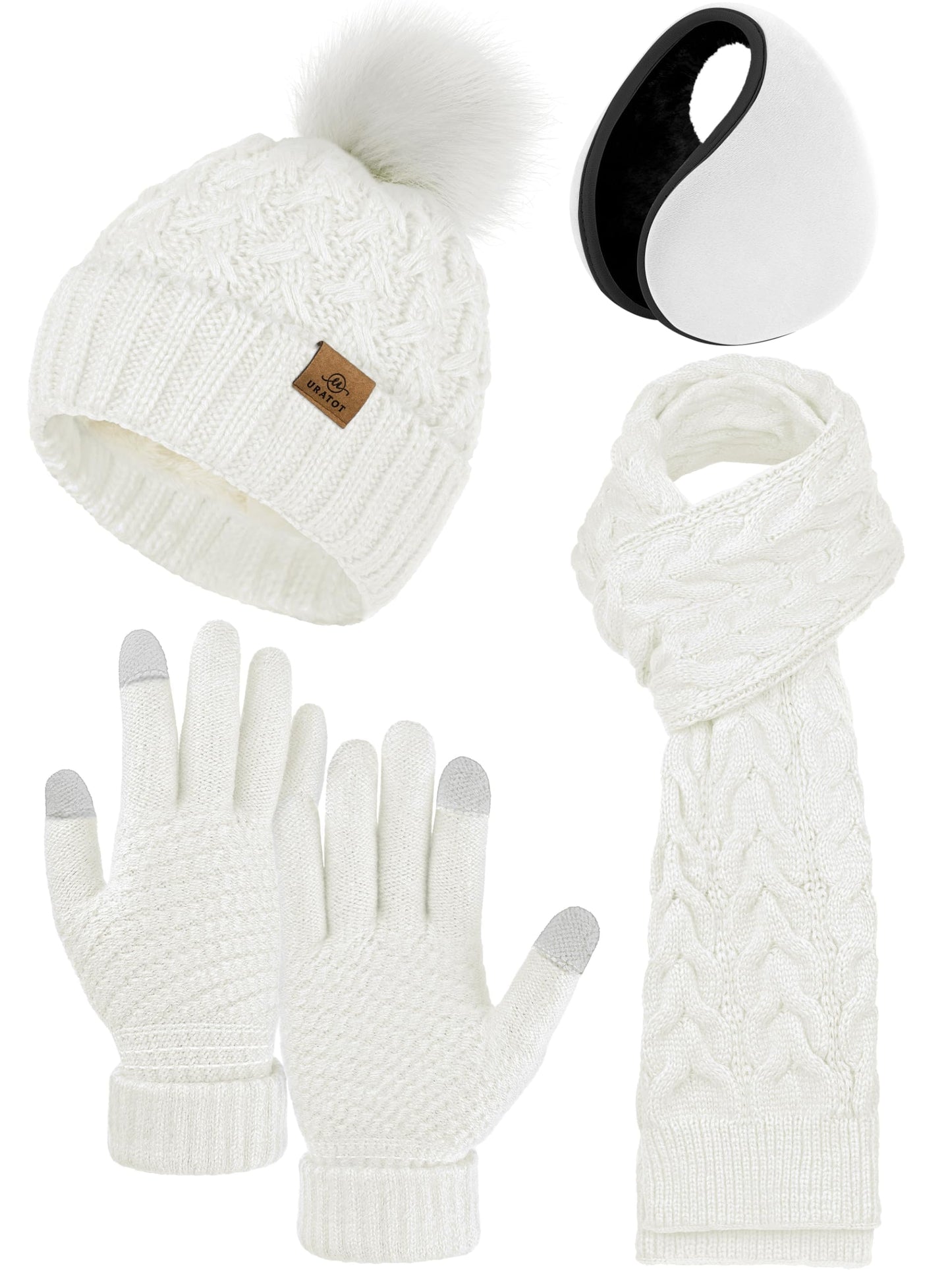 URATOT 4 Packs Winter Warm Set Knitted Pompom Hat Scarf Touch Screen Gloves Ear Warmer 4 In 1 Set for Men or Women