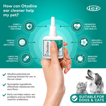 ICF Otodine | Cat & Dog Ear Cleaner Solution | Dog Ear Drops to Stop Wax Build Up, Head Shaking, Discomfort, Ear Odour & Scratching | 100ml