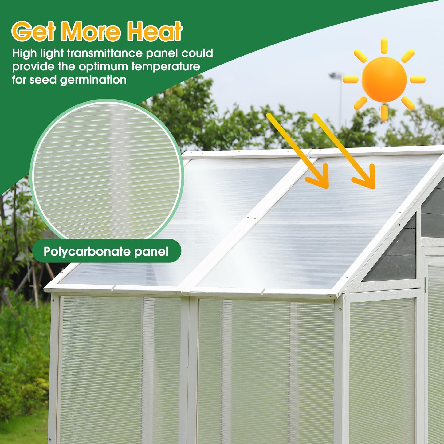 YOPTO Polycarbonate Greenhouse,Outdoor Wooden Green House, Walk-in Hobby Garden Shed with Front Entry Door,for Patio Backyard Lawn,Plants, White