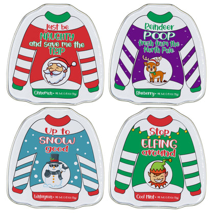 4E's Novelty Humorous "Christmas Poop" Candy Breath Mint Tins, 4 Pack Ugly Sweater Tins Funny Christmas Candy Stocking Stuffer for Kids Teens Adults Boys Girls Unique Funny Gag Gift White Elephant Gift Exchange for Men Women