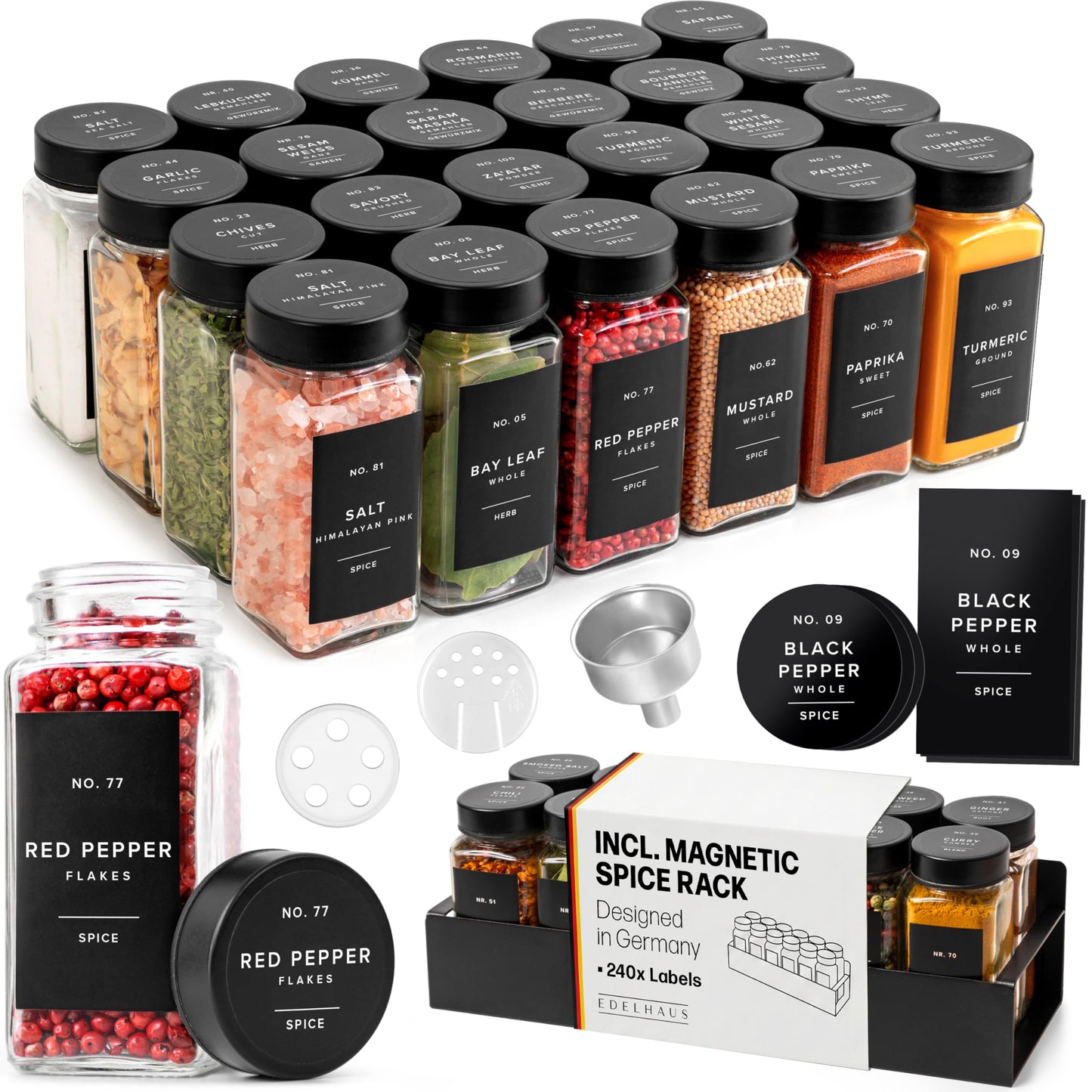 EDELHAUS Square Glass Spice Jars (24 x 4oz) with Black Lids + Magnetic Spice Rack for Refrigerator (Fits 12 Jars) + Bonus Slim Auxiliary Rack, 240 Labels, Shaker Inserts, Funnel