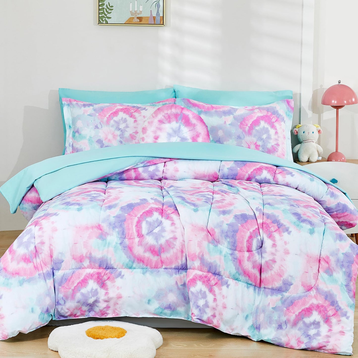 Mooreeke Tie Dye Kids Comforter Bed Set Twin Size for Girls, 6 Pieces Bed in a Bag with Shams, Sheet Set, A Toy Pillow Dark Pink Round Flower Twin Soft Microfiber Kids Comforter Bedding Set