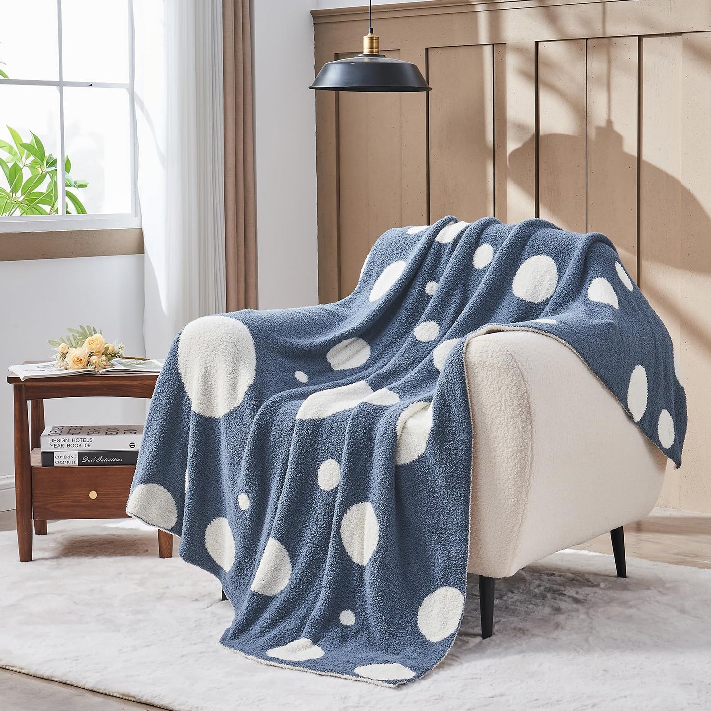 Douceur Polka Dot Throw Blanket for Couch Sofa Bed, Reversible Cozy Fluffy Super Soft Bedroom Blanket, Plush Dusty Blue Throw Blanket, 50×60 inches