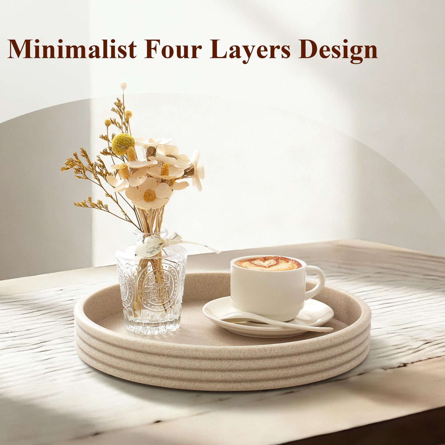 YMXYJM Round Decorative Tray - Modern Coffee Table Tray Decor, Resin Home Decor for Living Room & Bedroom. Multi-Functional Coffee Table Centerpiece with Anti-Slip Pads - 11x1.5 Inch Key Trays - Beige