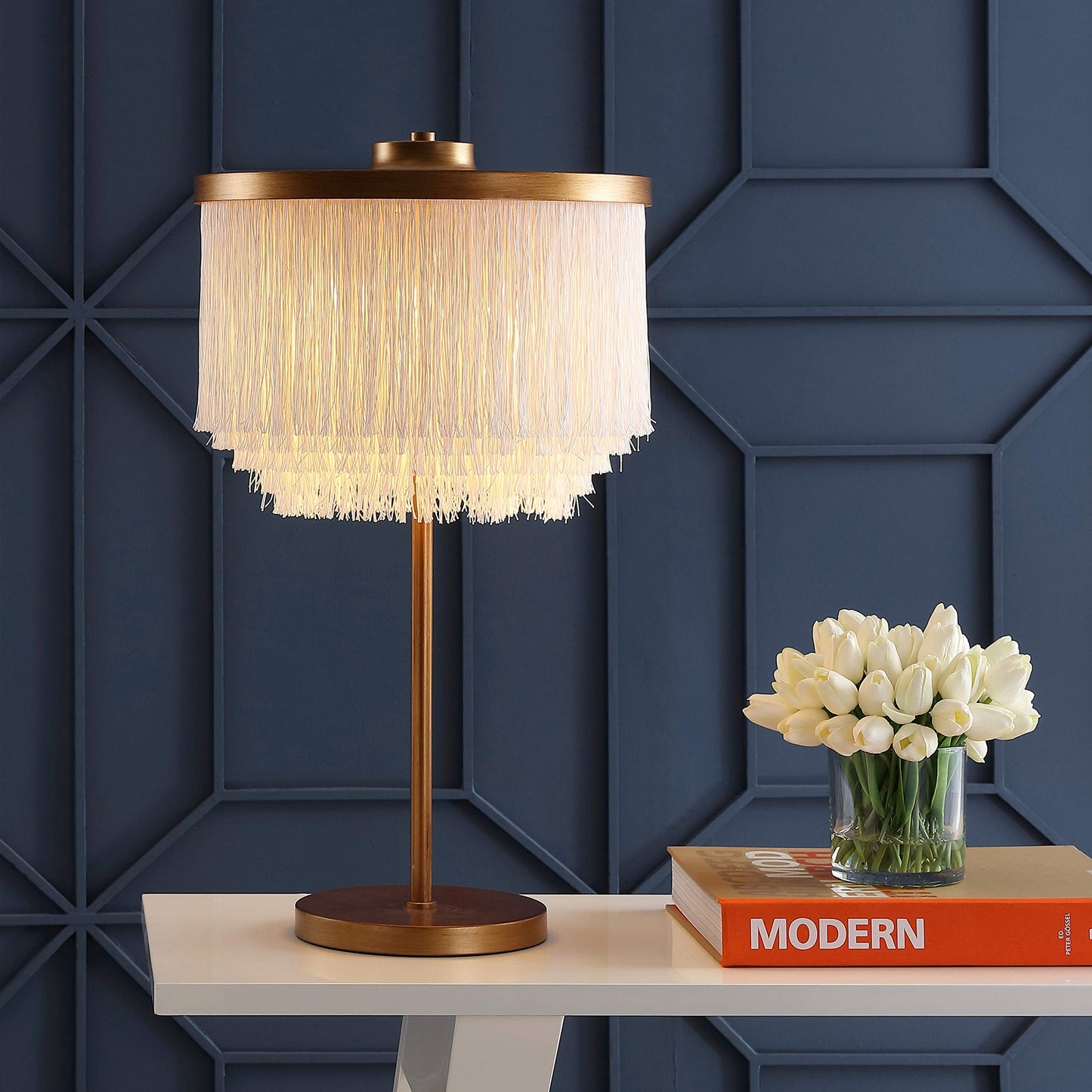 JONATHAN Y 27.5" Gold 2-Light Fringed Metal LED Table Lamp, Contemporary Glam Desk Lamp with White Tassel Shade for Living Room, Bedroom, LED Bulbs Included JYL9045A