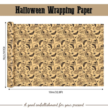 Bolsome Kraft Skull Wrapping Paper Goth Rose Skull Patterned Gift Wrap Paper Roll for Halloween Party Baby Shower Birthday Party Packaging Supplies, 17 Inches × 33Ft