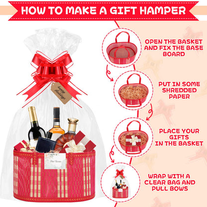SelfTek 3 Pack Baskets for Gifts Empty, Woven Bamboo G-ift Basket Kit with Wrap Bags, Gift Card, Raffia and Pull Bows, Gifts Baskets for Birthday, Wedding, 30 x 20 x 15 cm-Red