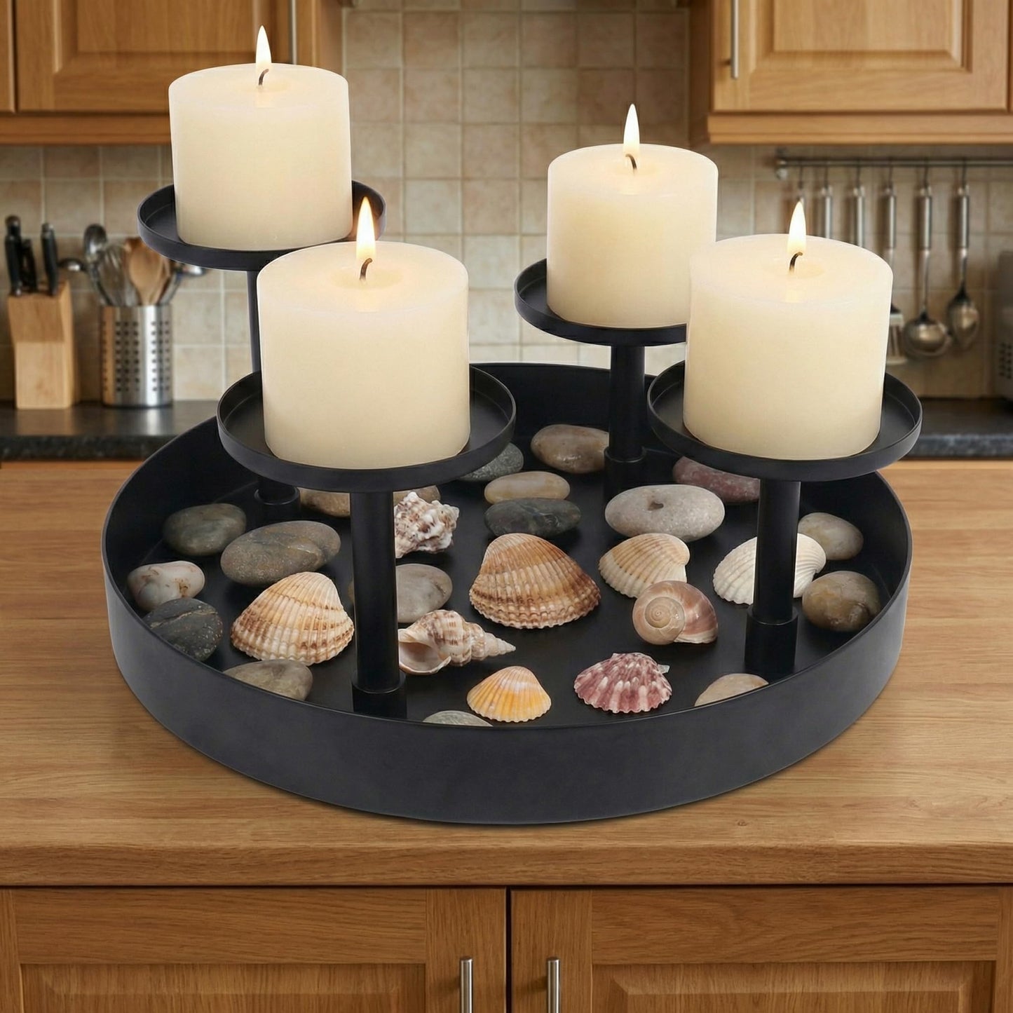 Livendow Circular Candle Holder, Black Metal Candle Stand, 4-Pillar Tiered Design | for Scented Candles, Pillar Candles | Creative Home Decor | Diameter 20CM/7.9 Inches (NO Flowers & Candles)