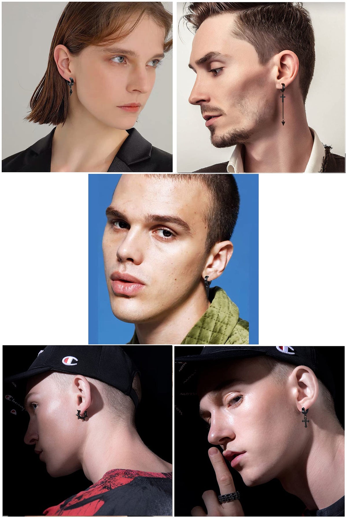 14 Pcs Black Punk Stainless Steel Fake Piercing Spike Rivet Cross Triangle Dangle Tassel Clip on Hoop Earrings Set for Women Men, Non Pierced Fake Stud Earrings (Black-Set A)