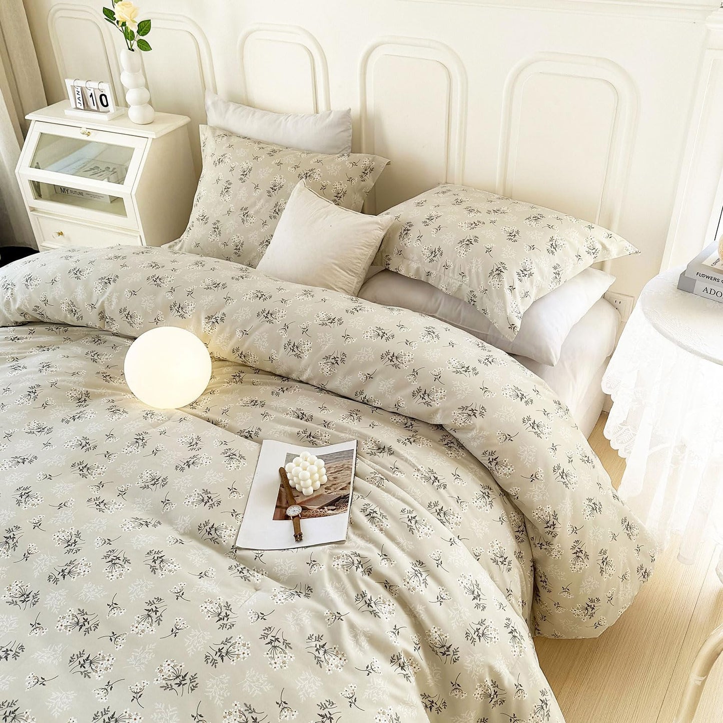 EAVD Boho Floral Comforter Set Queen Soft Washed Microfiber Garden Beige Floral Bedding Queen Comforter Set Reversible Botanical Bedding Set with 2 Pillowcases