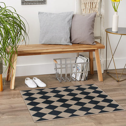 Rugalia Easy Jute Checkered Entryway Rug, 2x3 Black Modern Indoor Outdoor Doormat, Washable Non-Slip Neutral Small Kitchen Rug Farmhouse Diamond Throw Rugs for Entrance Bedroom Bathroom