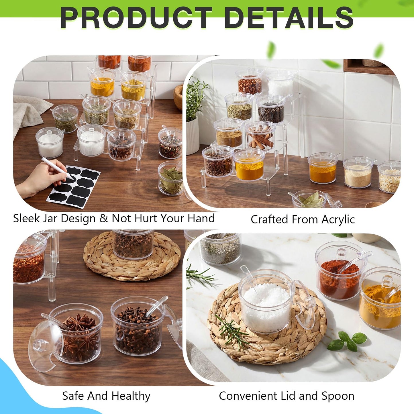 Ferrochef 12 Pcs Clear Sugar Bowls with Lid and Spoon and Acrylic Display Risers 7.1 oz Topping Containers with Tag and 4 Tier Acrylic Shelf Stand for Kitchen Hot Cocoa Bar Ice Cream Bar Supplies
