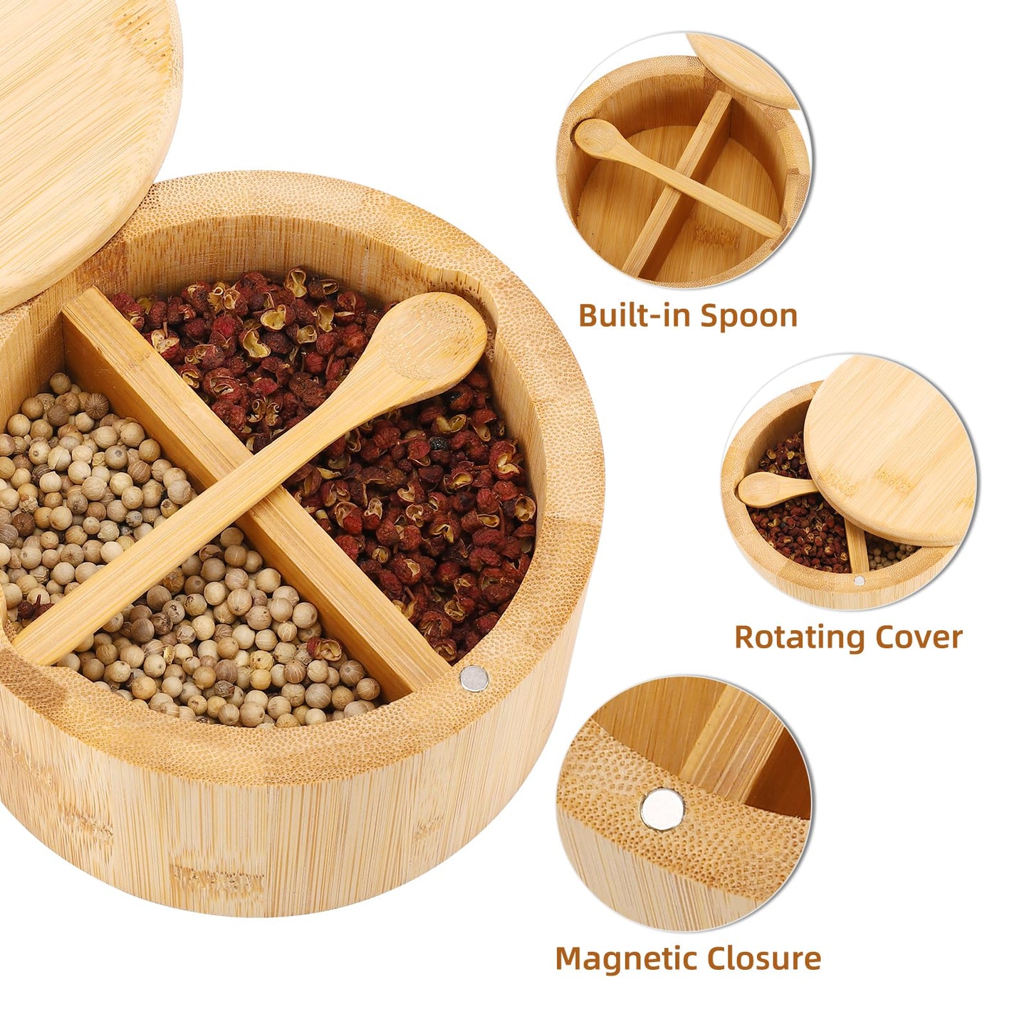 RAETTER.LY Natural bamboo Salt and Pepper Bowl, Bamboo Salt Cellar and Spices Storage Box With Built-in Spoon and Magnetic Swivel Lid (Two Compartments)