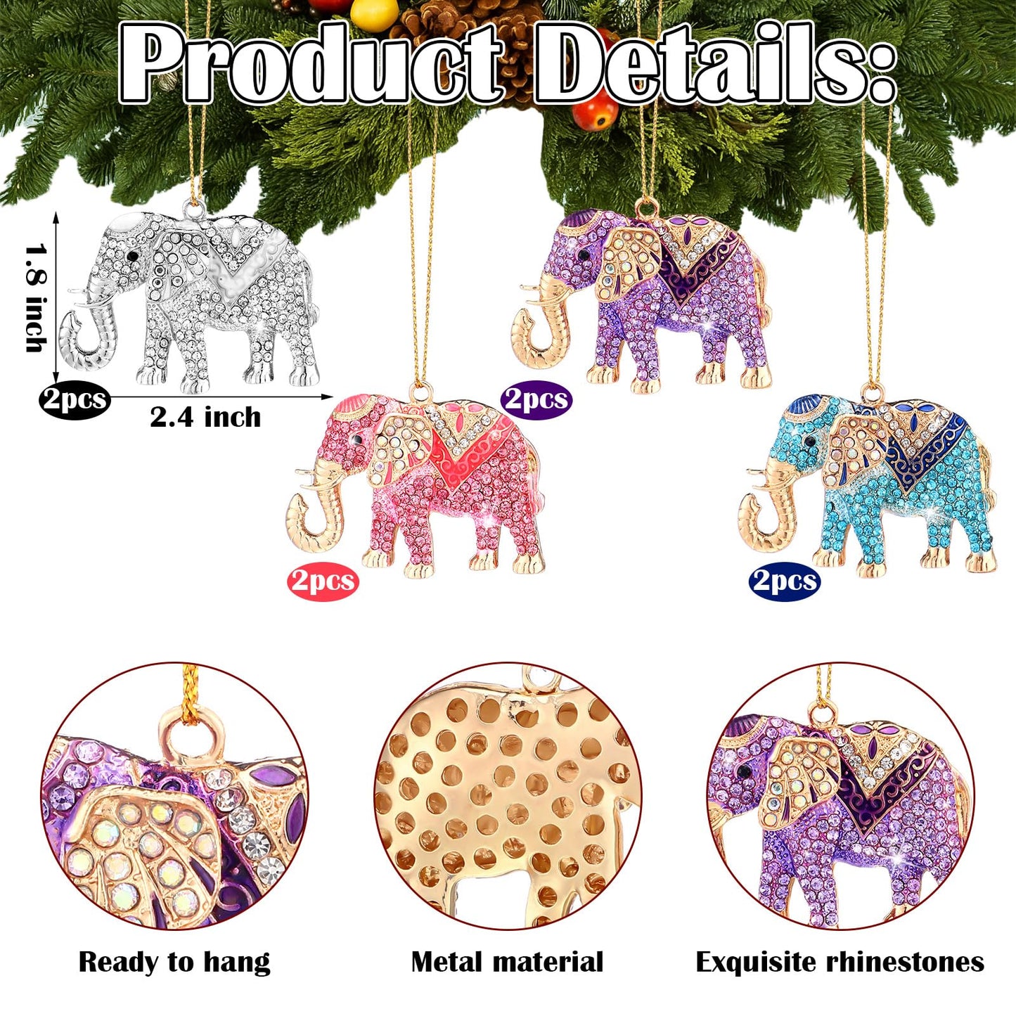Yuntau 8 pcs Crystal Christmas Ornaments Christmas Tree Hanging Ornaments Keepsake Gifts for Women Girls Xmas Decorations Party Supplies Animal Lovers(Elephant)