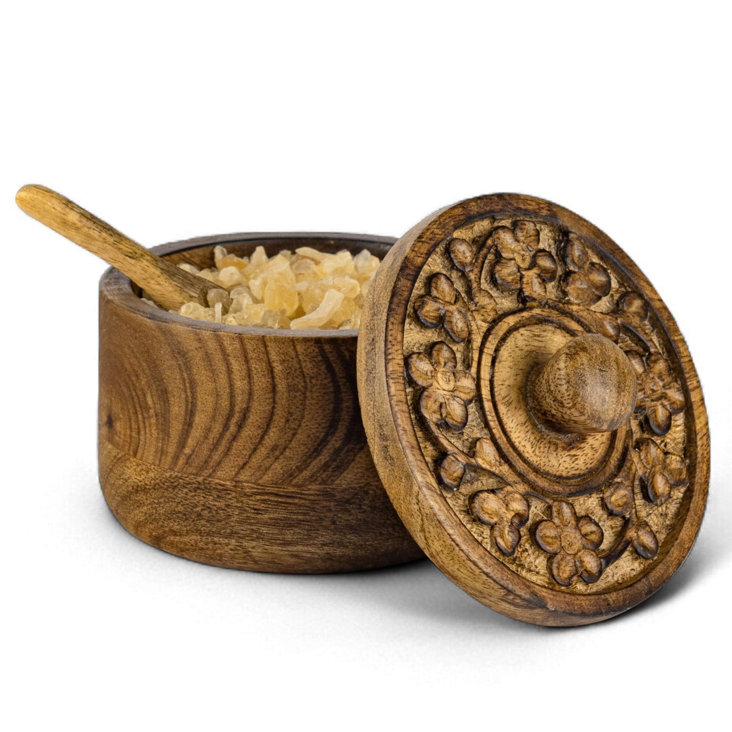 Mie Creations Rustic Salt Box Cellar with Hand Carved Lid & Spoon, Wooden Salt Pinch Bowls | Wood Salt Pepper Keeper, Spice Bowls for Cooking, Sugar Holder for Kitchen, Christmas Thanksgiving Decor