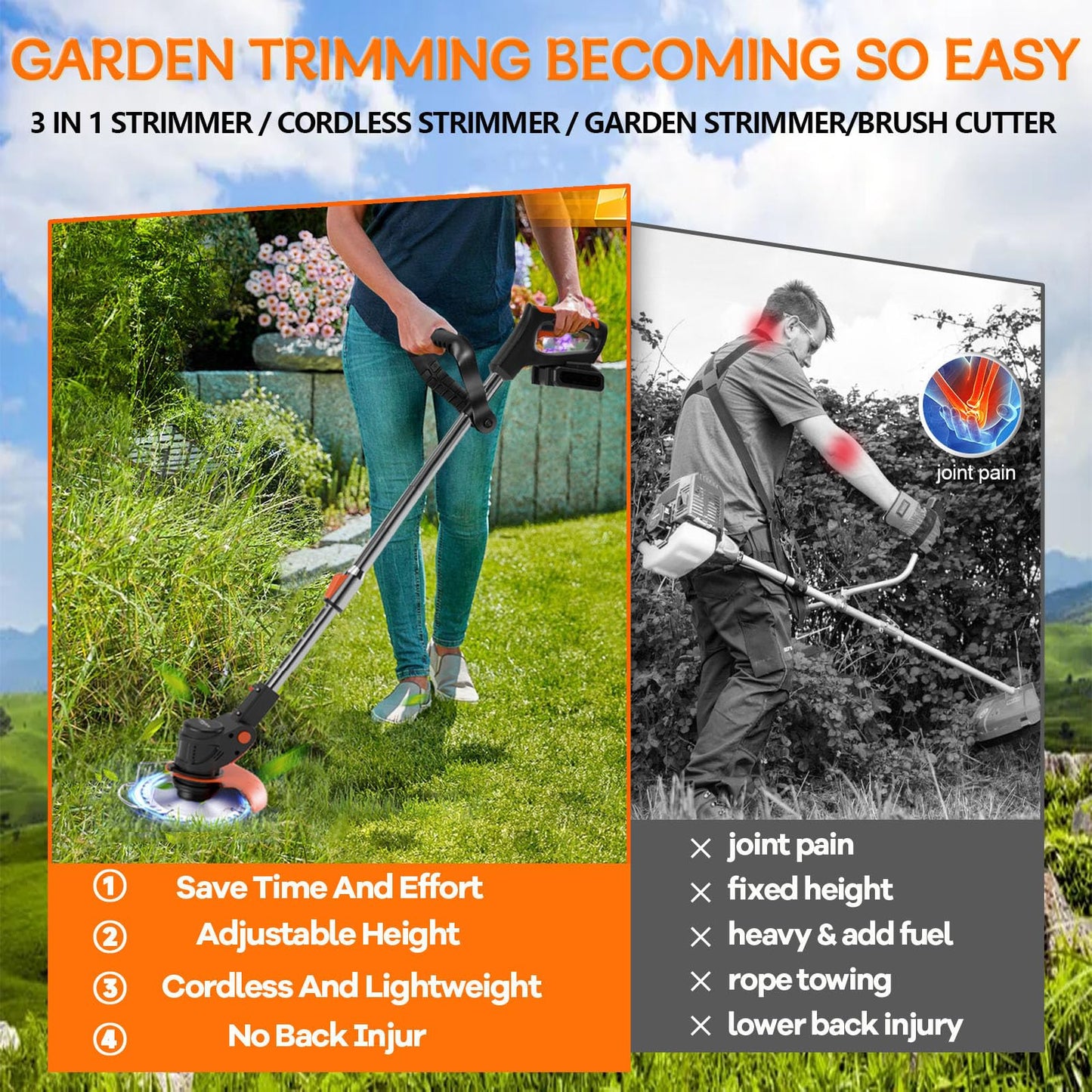 Gompuy Strimmer, Cordless Garden Strimmer with Blades, Grass Trimmer 90° Head Adjustment, Electric Strimmer with 2 X 21V Battery and UK Charger, Brush Cutter is Suitable for Small and Medium Gardens